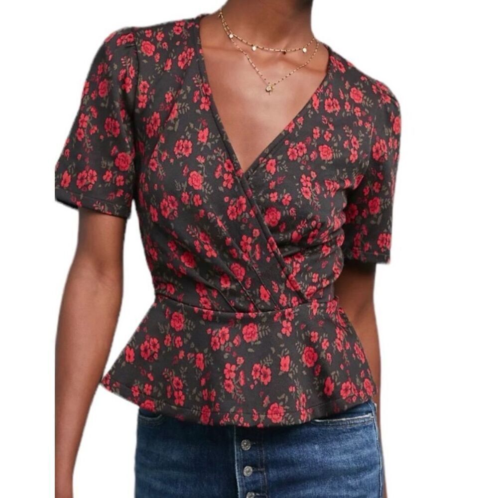 Anthropologie Meadow Rue Heartland Floral Faux Wrap Peplum Top size XS